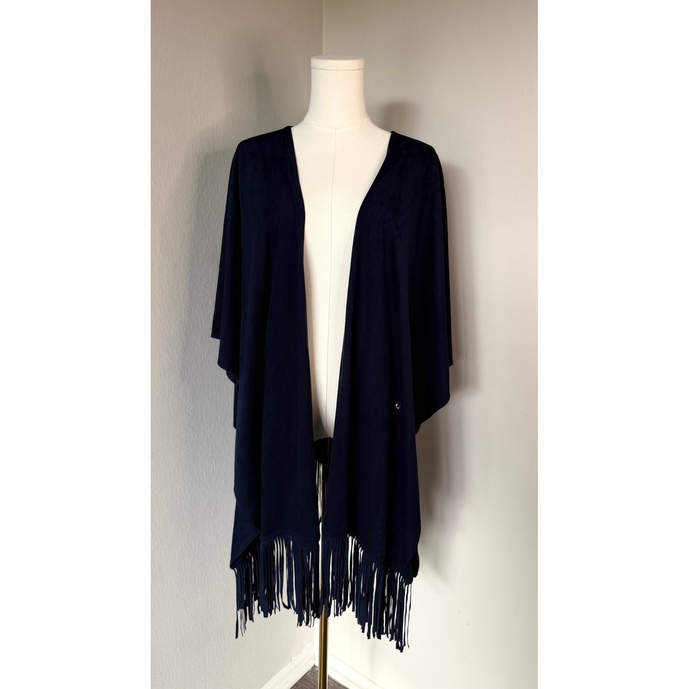 White House Black Market Navy Faux Suede Fringe Ruana Wrap One Size WHBM